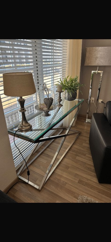 Sidetable van glas met kruispoot, Ophalen, 100 tot 150 cm, Glas, Zo goed als nieuw