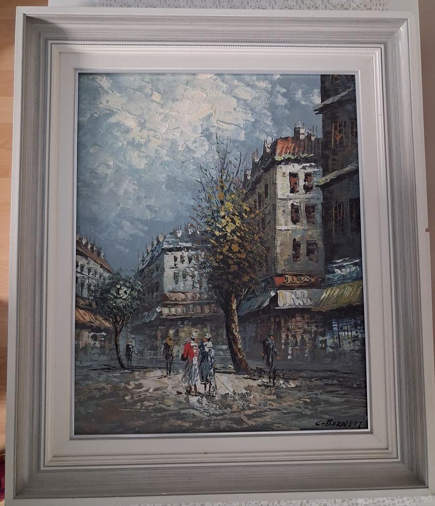 Schilderij C. Burnett - Parijs tafereeltje, Ophalen of Verzenden
