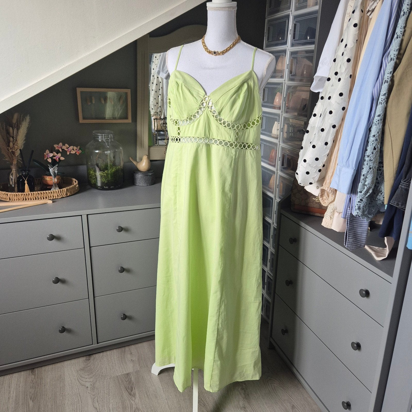 H&M Limegroene Maxi Jurk met Open Details - Maat XL, H&M, Maat 46/48 (XL) of groter, Ophalen of Verzenden, Zo goed als nieuw