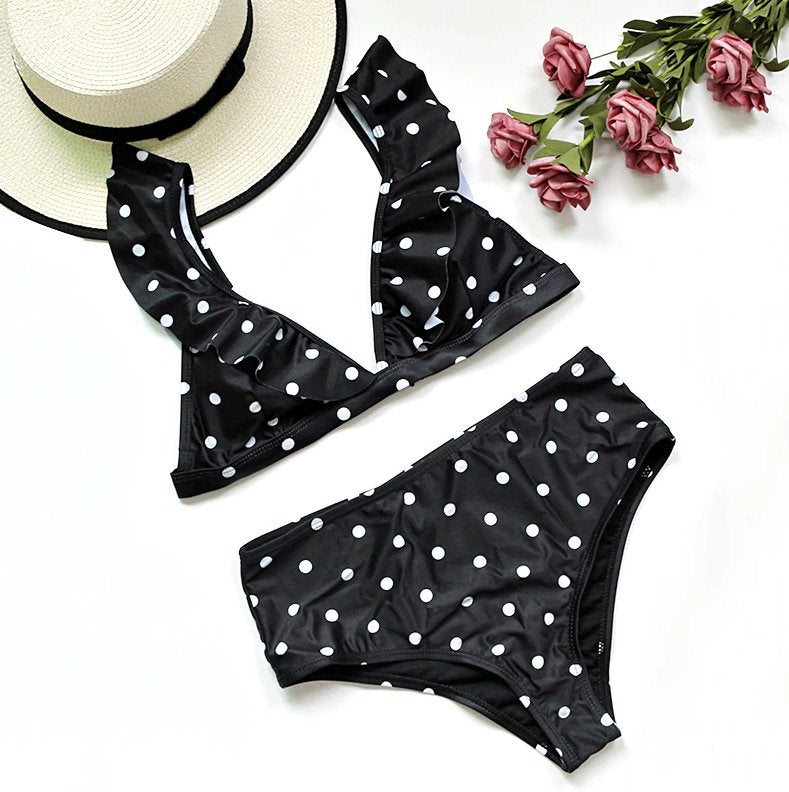 Zwarte witte polka dots bikini stip high waist dames, Kleding | Dames, Verzenden, Nieuw, Meerkleurig, Bikini