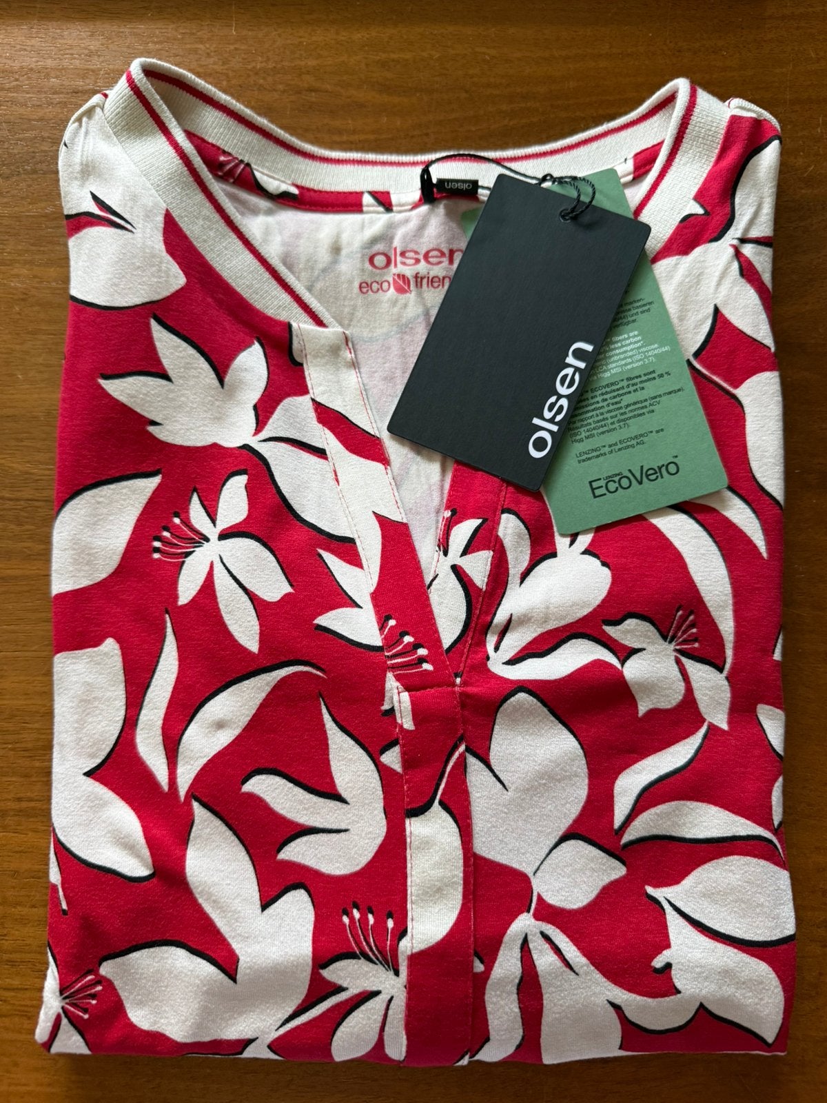 Nieuw Olsen shirt, maat 36, viscose/elasthan, rood/wit, Nieuw, Ophalen of Verzenden, Korte mouw, Maat 36 (S)