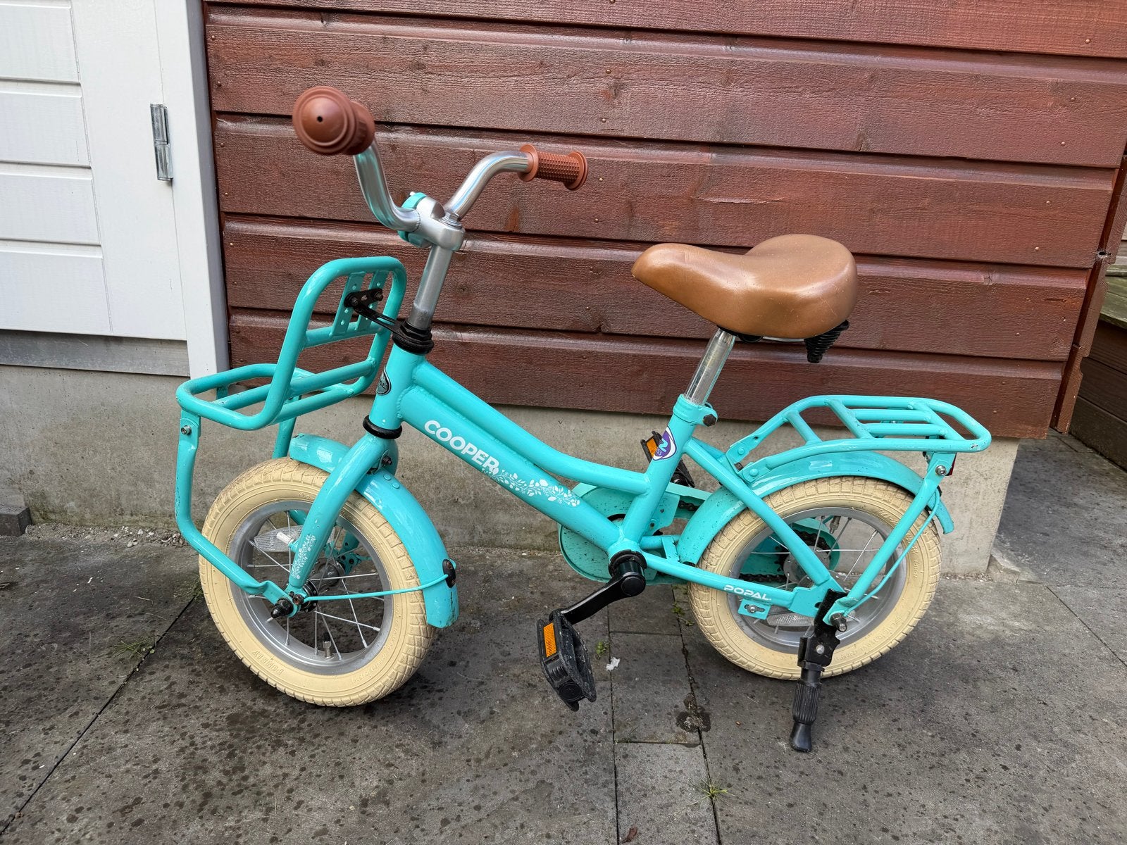 Popal cooper kinderfiets blauw/groen + standaard & voorrekje, Ophalen, Gebruikt, Terugtraprem, Minder dan 16 inch