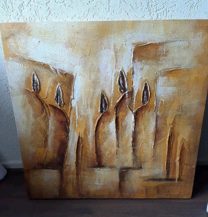 Abstract schilderij met textuur - Warme kleuren, Ophalen of Verzenden