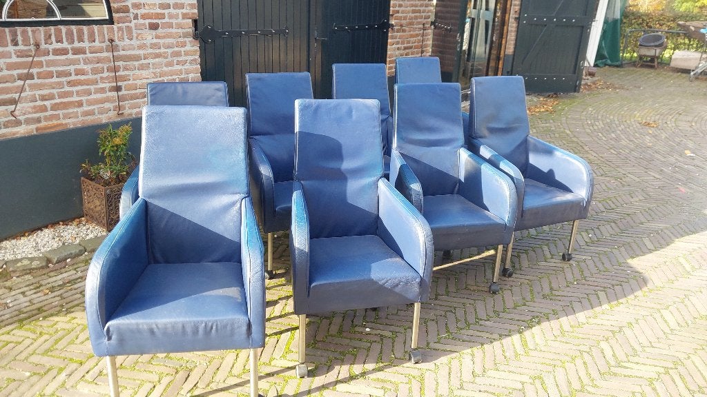 8 verrijdbare stoelen, Gebruikt, Blauw, Leer, Ophalen of Verzenden