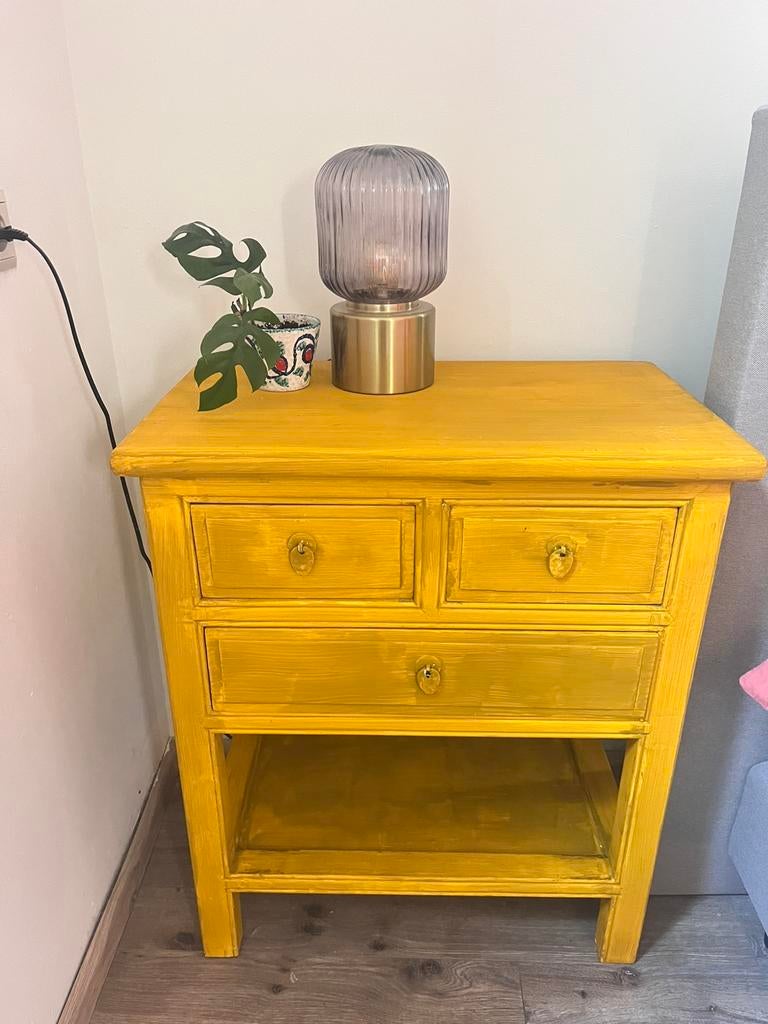 Geel houten ladekastje, Huis en Inrichting, Kasten | Ladekasten, Ophalen, Gebruikt, 1 of 2 laden, 50 tot 100 cm