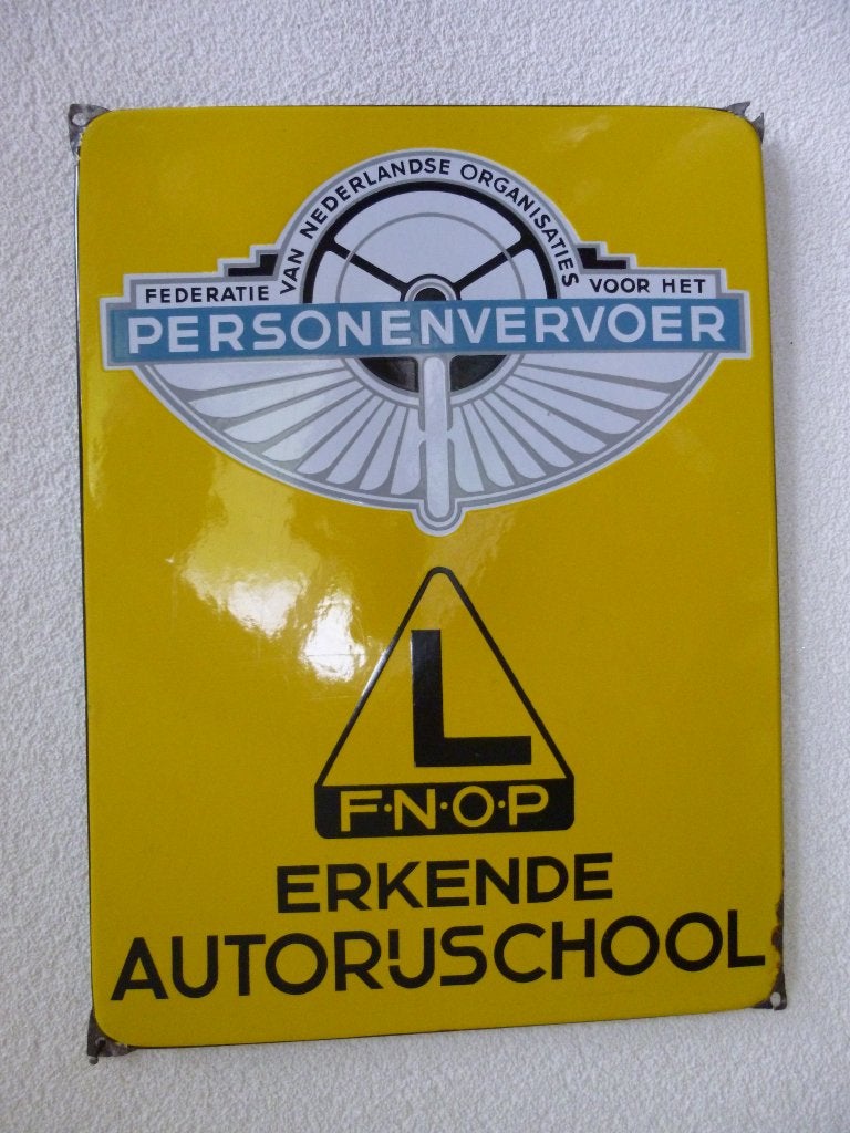 EMAILLE BORD"F.N.O.P.ERKENDE AUTORIJSCHOOL"UIT JAREN 50/60, Verzamelen, Ophalen of Verzenden, Gebruikt, Reclamebord
