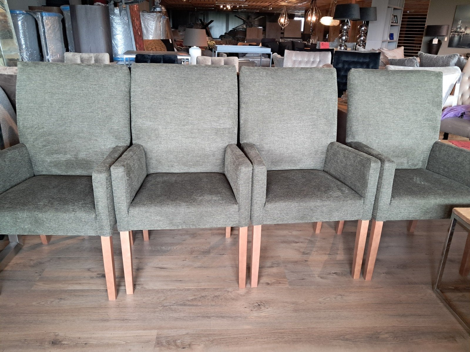 Set van 4 donkergroene eetkamerstoelen VOOR €276, Ophalen, Hout, Gebruikt, Overige kleuren