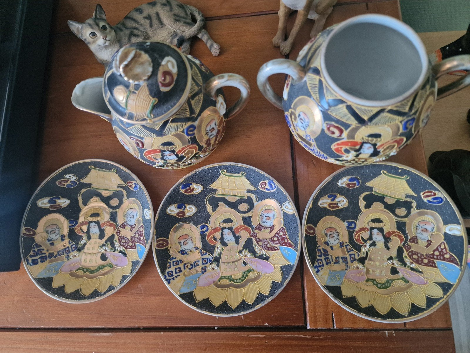 Antiek Japans Satsuma theeservies met 3 schotels, Ophalen of Verzenden