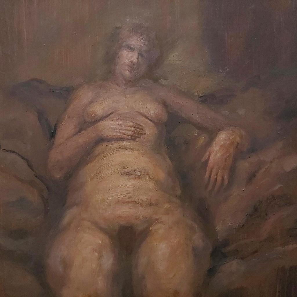 Schilderij van Naakte Vrouw Zittend - Olieverf, Antiek en Kunst, Kunst | Schilderijen | Klassiek, Ophalen of Verzenden