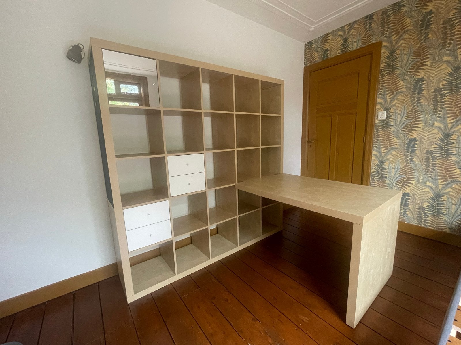 IKEA Kallax kast 5x5 vakken, met bureau, licht eiken effect, Ophalen, Overige materialen, Gebruikt, 150 tot 200 cm