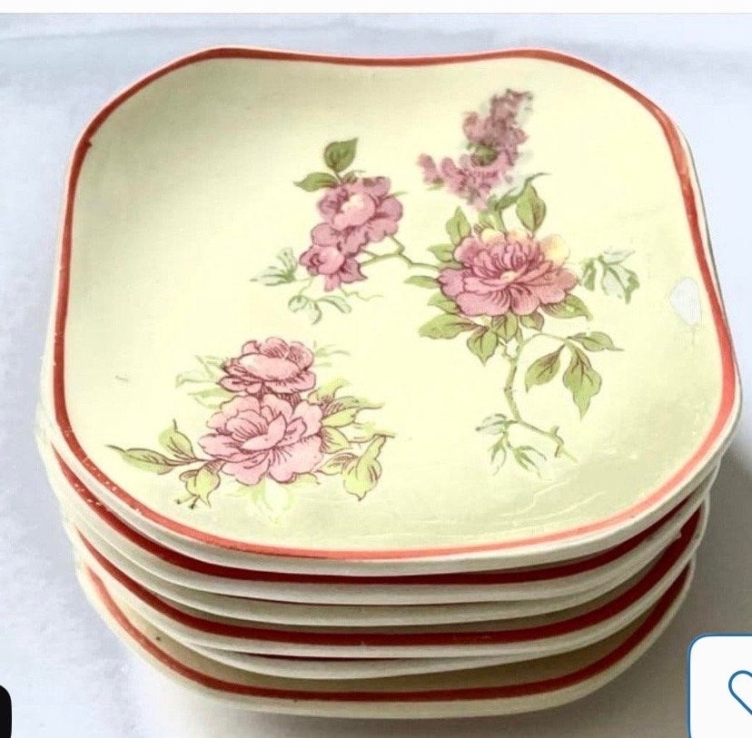 Set van 6 petrus  Regout schoteltjes met bloemmotief, Ophalen of Verzenden