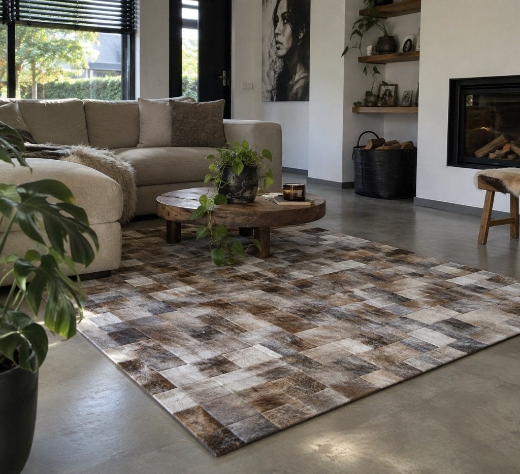 Koeienhuid patchwork grijsbruin 180x120cm | Lederstore, Landelijk, modern, Scandinavisch, industrieel, 100 tot 150 cm, Bruin, Nieuw