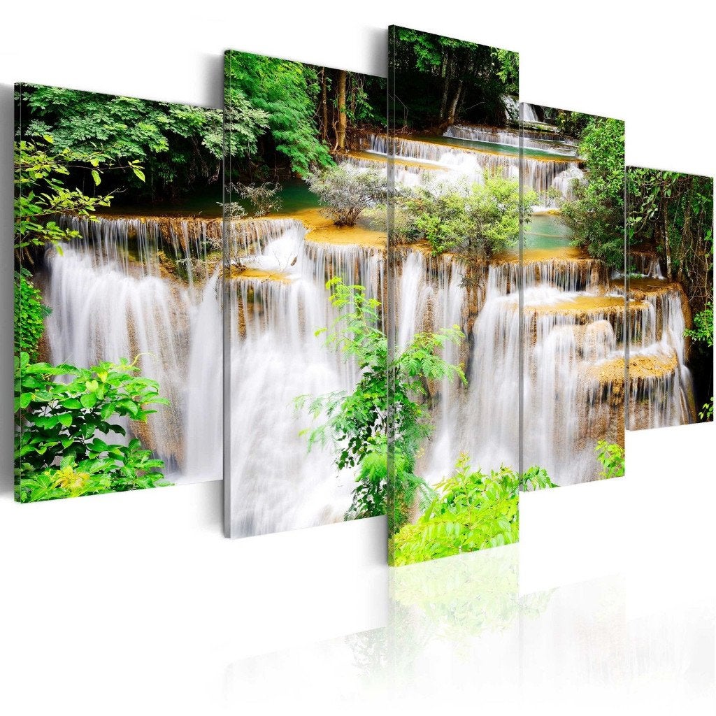 257 Waterval Natuur 5 Luik Canvas Schilderij 200x100cm Nieuw, Ophalen of Verzenden