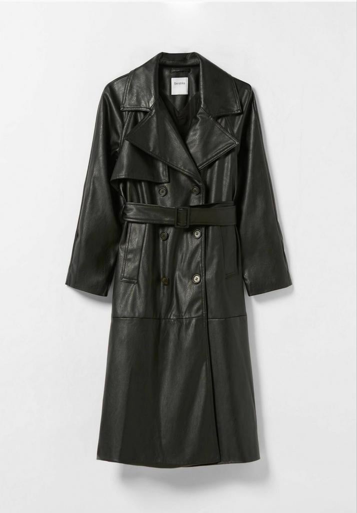 Bershka trenchcoat imitatieleer, Zwart, Nieuw, Maat 36 (S), Bershka