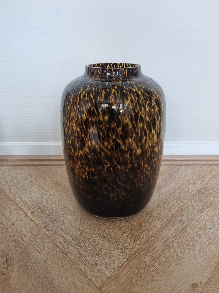 Vaas, bruin met zwarte print, Huis en Inrichting, Woonaccessoires | Vazen, Ophalen, Bruin, 35 cm, Glas