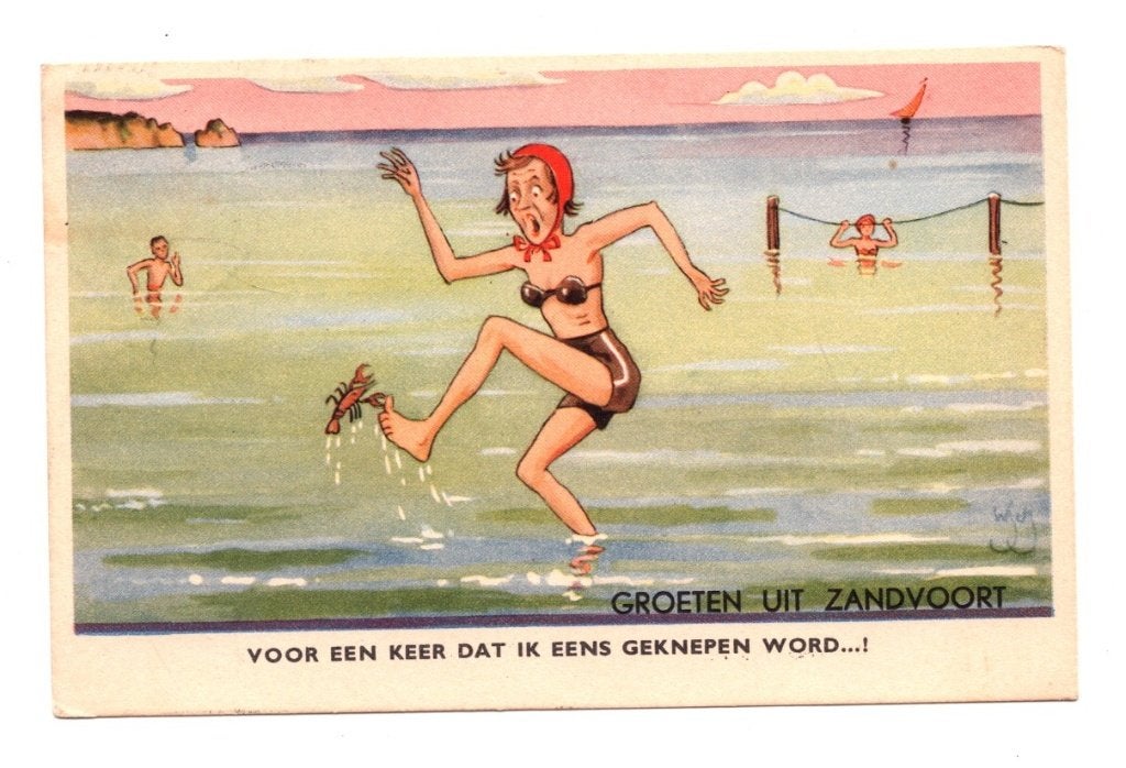 Oude Ansichtkaart Zandvoort Kreeft Humor Gelopen 1954, Ophalen of Verzenden, 1940 tot 1960, Gelopen, Overige thema's