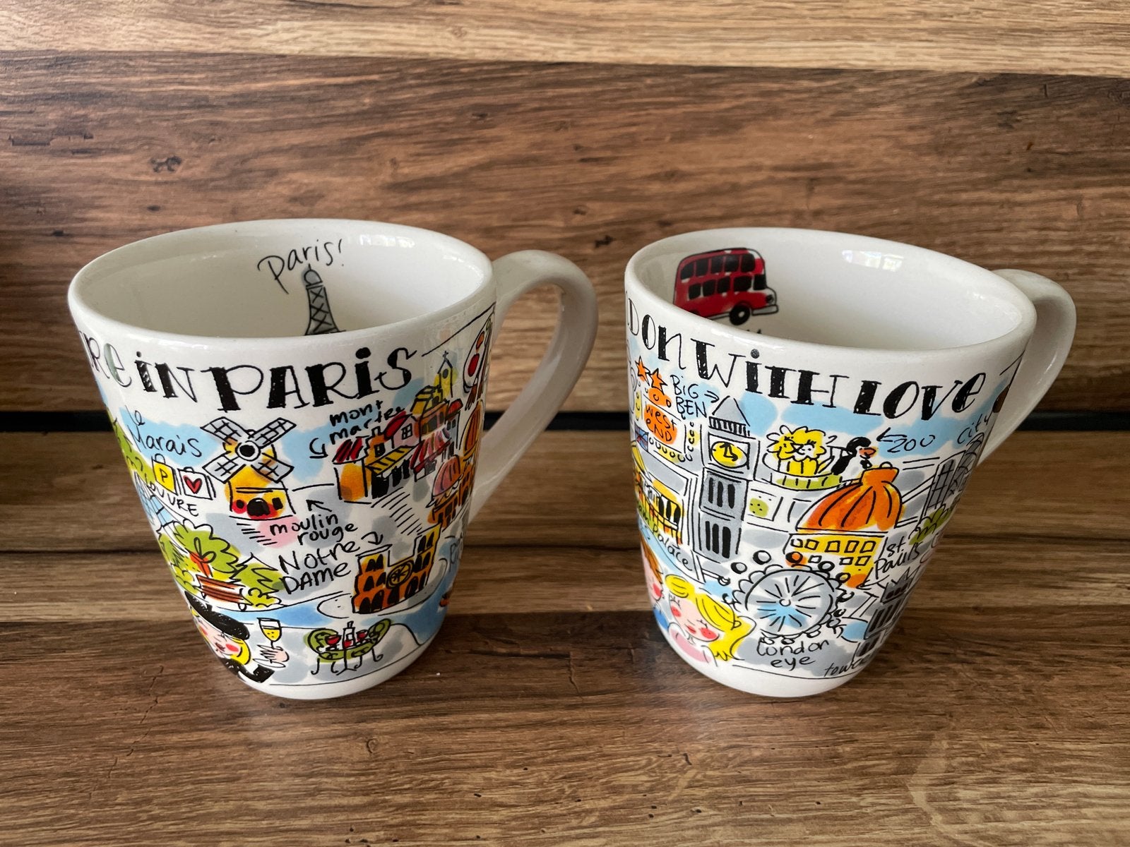 Set van 2 Mugs: Parijs en Londen Stadsgezichten, Keramiek, Nieuw, Modern, Blond Amsterdam