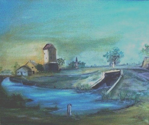 olieverf . Hoeve aan het water ., Ophalen of Verzenden