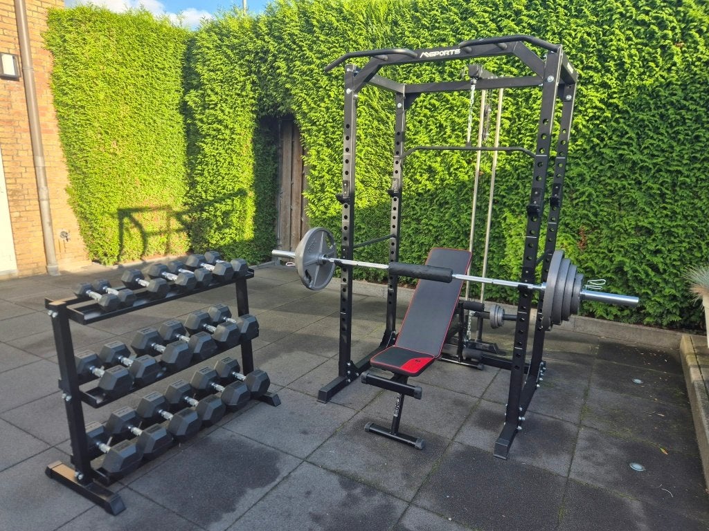 Complete home gym: powerrack, pulley, bank en dumbbells, Ophalen, Gebruikt, Krachtstation, Benen