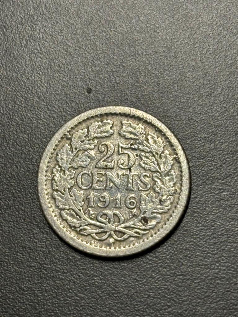 25 Cents 1916 Diameter 19mm en bevat zilver., Postzegels en Munten, Munten | Nederland, Ophalen of Verzenden, Koningin Wilhelmina