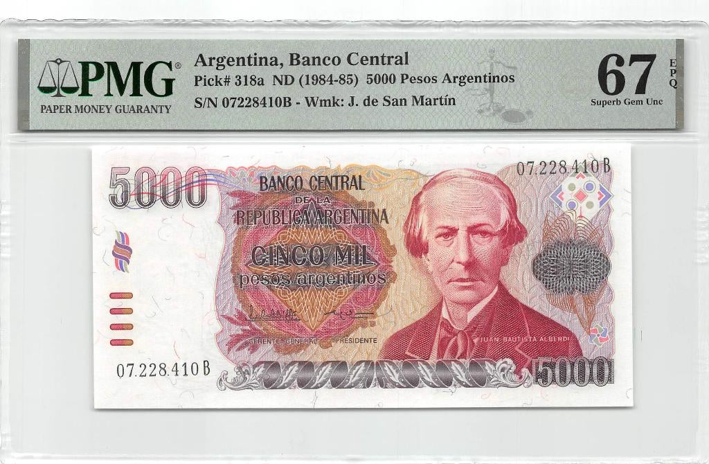 Argentina 5000 Pesos Argentinos 1985 Unc PMG 67 EPQ, Ophalen of Verzenden, Zuid-Amerika, Los biljet