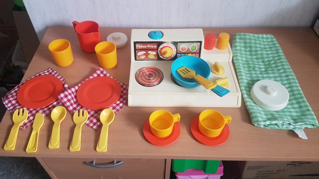 fisher price keukentje kook plaatje vintage voor 15 euro, Ophalen of Verzenden, Zo goed als nieuw, Speelset