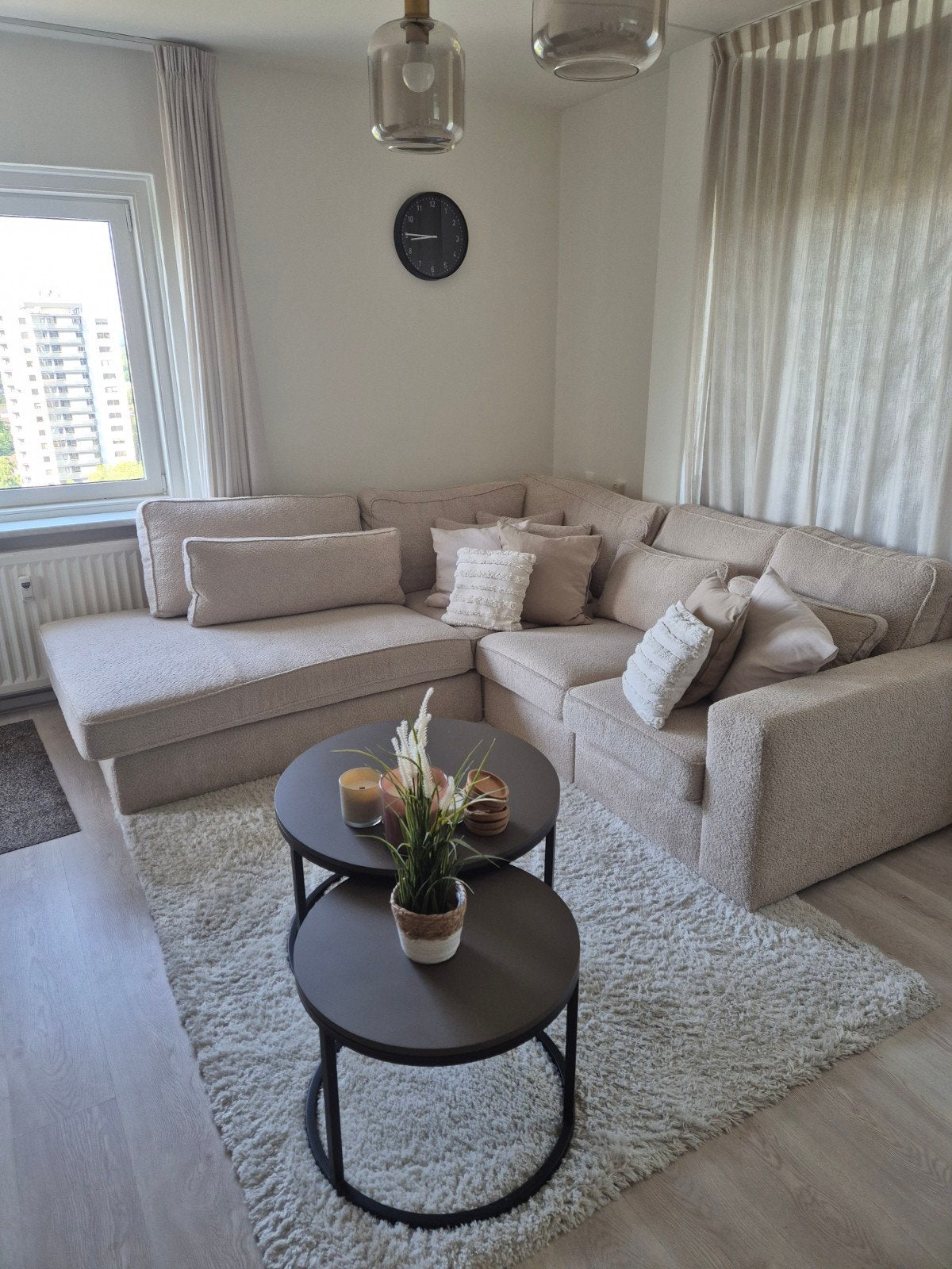 Hoekbank beige teddystof, Huis en Inrichting, Banken | Complete zithoeken, Ophalen, Zo goed als nieuw, Stof