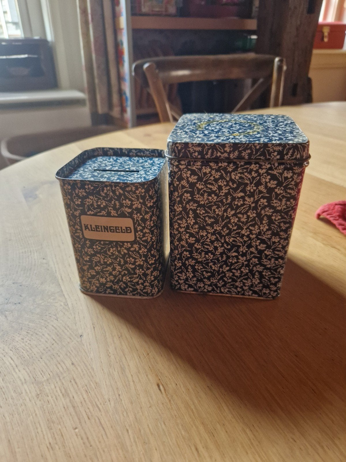 BROCANTE BLIKJES LAVENDELBLAUW TROMMEL & SPAARBLIK KLEINGELD, Ophalen of Verzenden, Gebruikt, Overige
