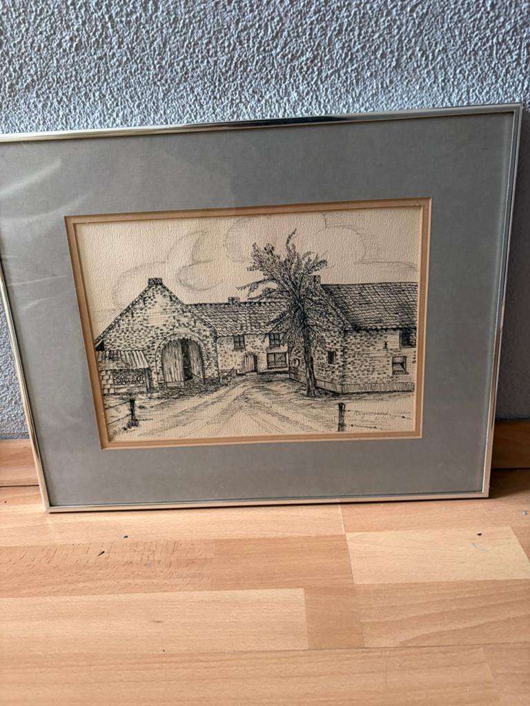 Antieke pentekening uit 77 Hoeve Negenoord Stokkem, Antiek en Kunst, Kunst | Tekeningen en Foto's, Ophalen of Verzenden