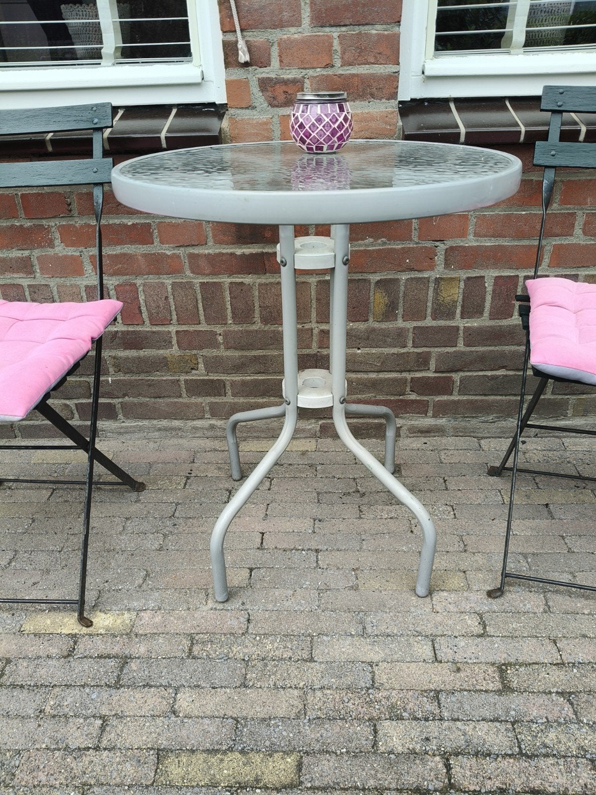 Ronde bistrotafel met glazen blad, Tuin en Terras, Ophalen, Gebruikt, Rond, Metaal