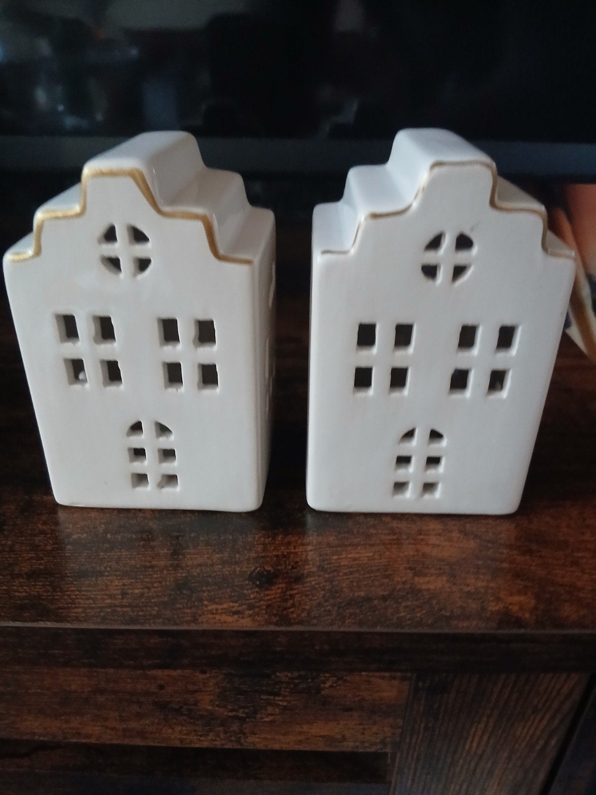 Set van 2 Witte Keramische Grachtenpand Waxinelichthouders, Huis en Inrichting, Ophalen of Verzenden, Wit, Steen/keramiek, Klassiek