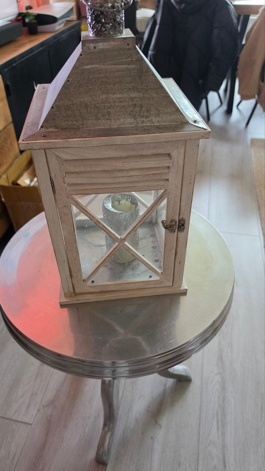 Gebruikte Witte Houten Lantaarn met Kaars - Koopje!, Ophalen, Gebruikt, 25 tot 50 cm, Wit