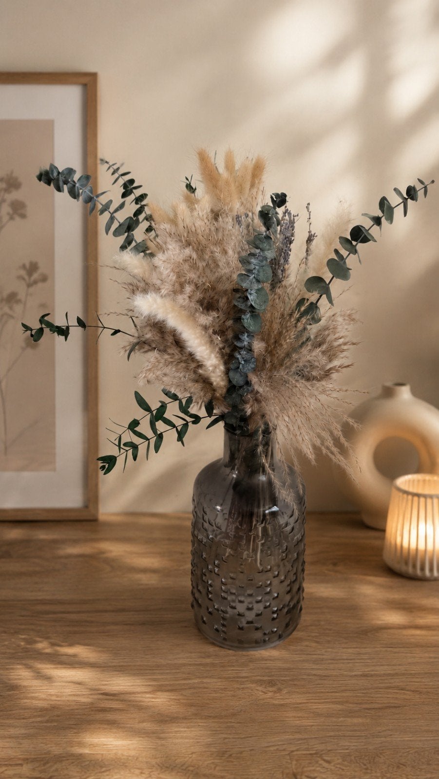Grote glazen vaas met droogbloemen, Huis en Inrichting, Ophalen, Overige kleuren, 50 tot 75 cm, Glas