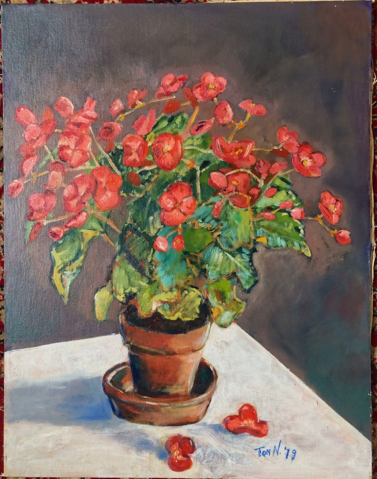 Olieverfschilderij “Begonia’s”, Bloemen, Paneel, Impressionistisch, Ophalen of Verzenden