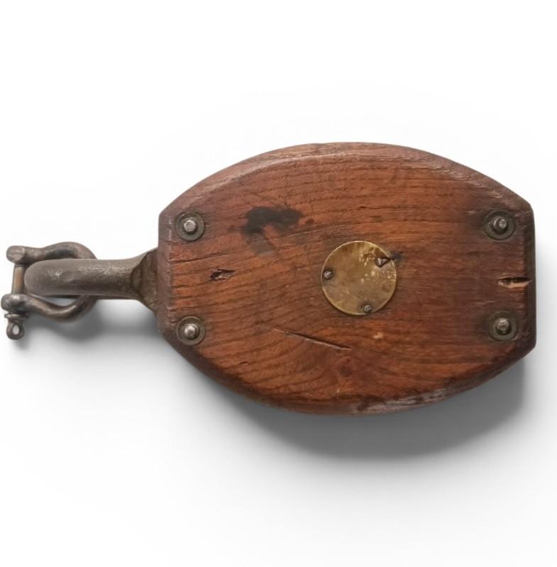 Antieke houten katrol met metalen haak, Ophalen of Verzenden