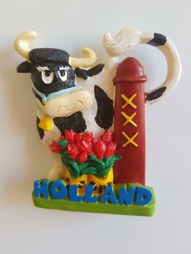 Holland Koelkastmagneet – Koe met Tulpen & Amsterdammertje, Ophalen of Verzenden