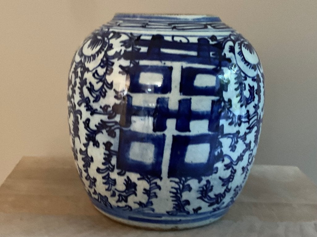 Chinese blauw/witte gemberpot met dubbele gelukssymbolen, Verzenden