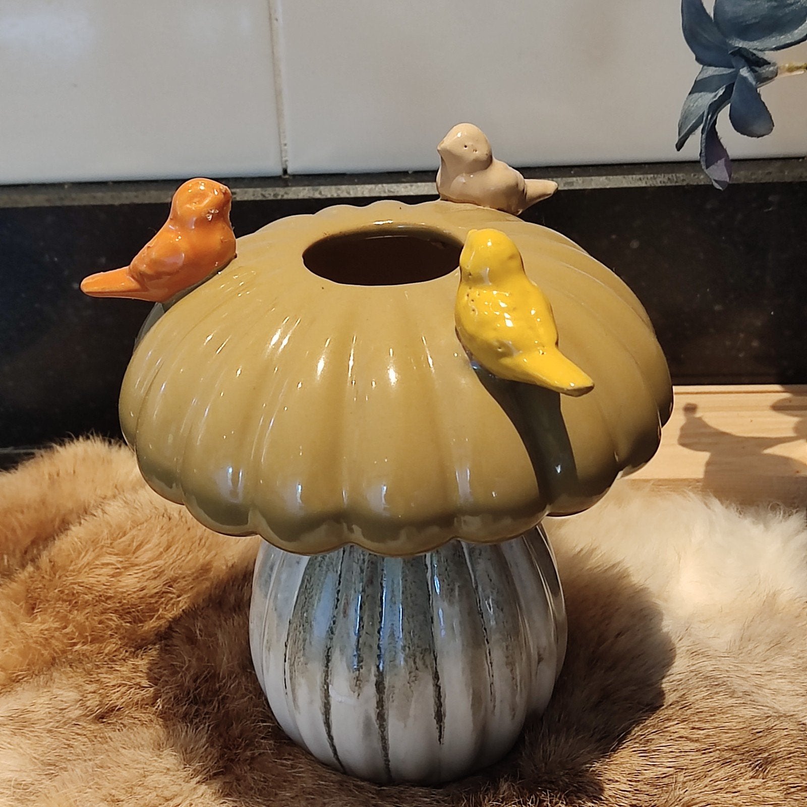 Daan Kromhout decoratieve paddenstoelvaas met vogels, Meerkleurig, Overige stijlen, Ophalen of Verzenden, Zo goed als nieuw
