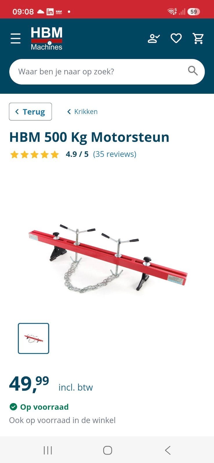 HBM Motorsteun 500 Kg - ZGAN in doos, Auto diversen, Ophalen, Zo goed als nieuw