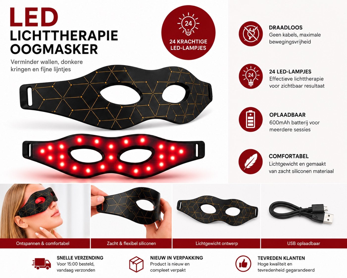 LED Lichttherapie Oogmasker - Vermindert Wallen & Kringen, Ophalen of Verzenden, Nieuw, Overige typen