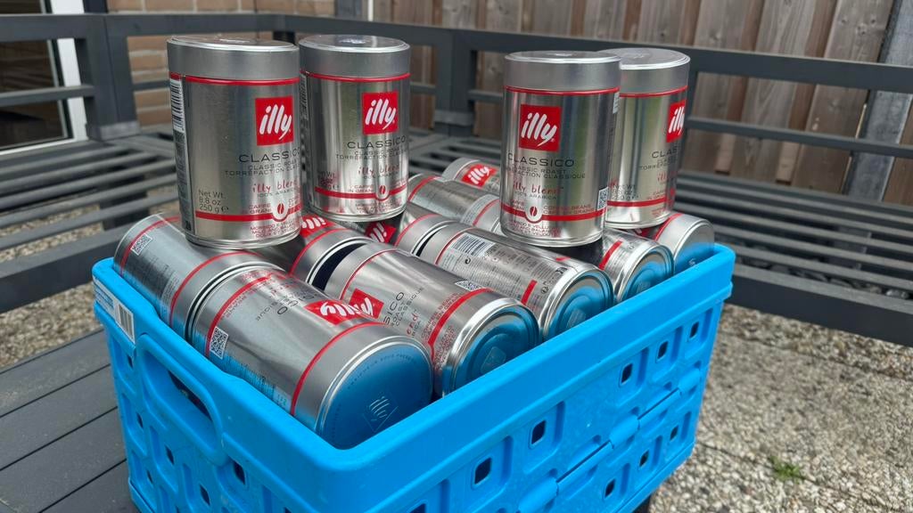 34 lege koffieblikken, Ophalen, Zo goed als nieuw