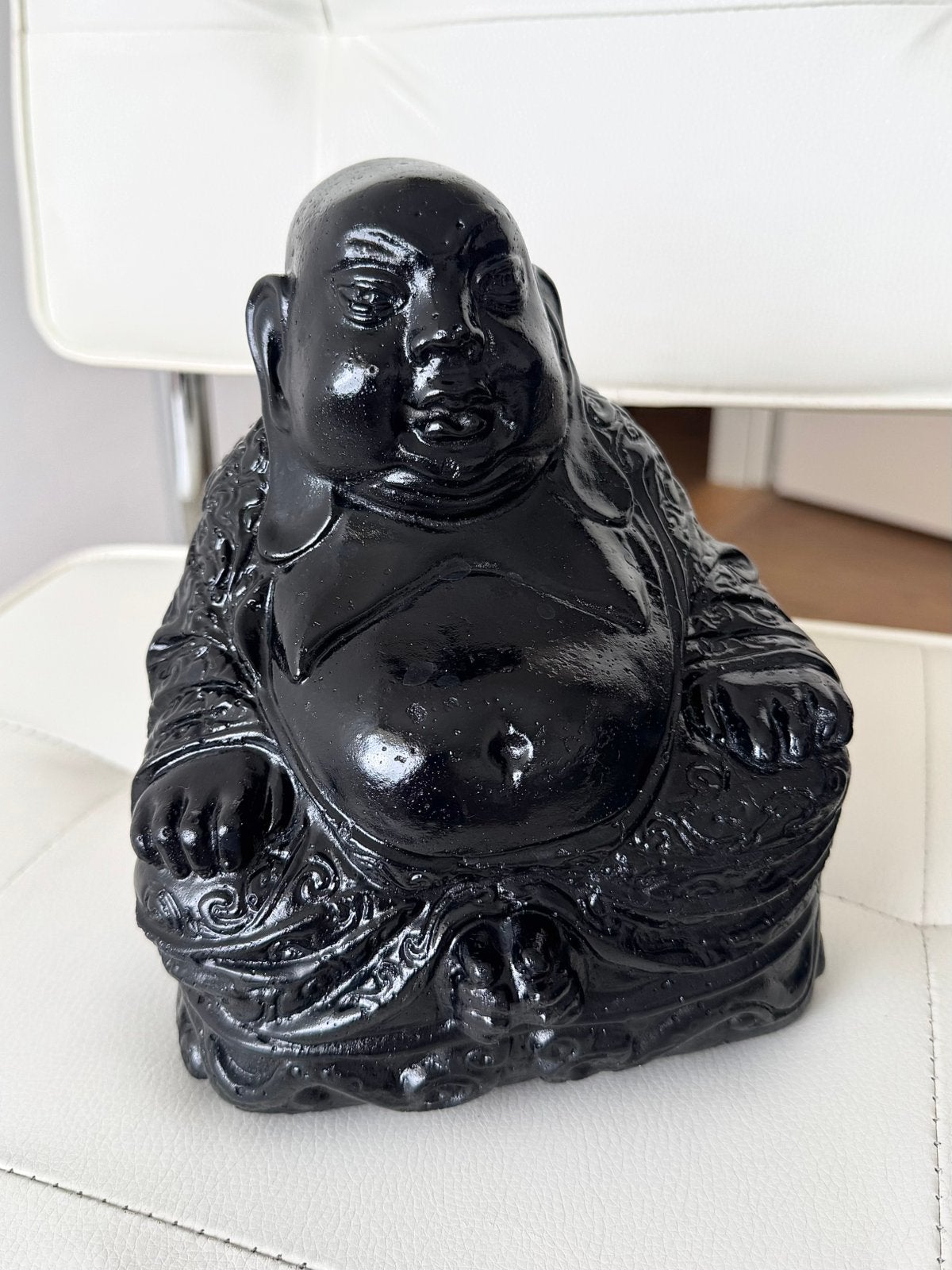 Glanzend Zwart Lachende Boeddha Beeld Decoratie van 3,9kg, Verzenden, Zo goed als nieuw, Steen/keramiek, Zwart