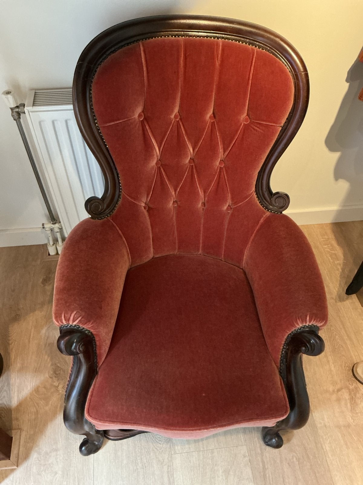 Antieke Biedermeier Fauteuil - Rood Fluweel, Ophalen, Gebruikt, Hout, 75 tot 100 cm