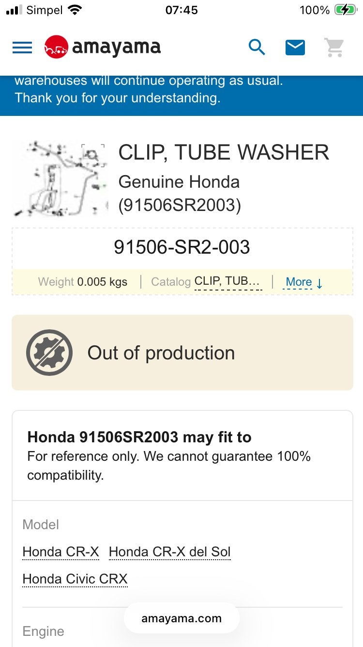 Honda CLIP, TUBE WASHER (91506SR2003) - Origineel, Auto-onderdelen, Ophalen of Verzenden, Nieuw, Honda