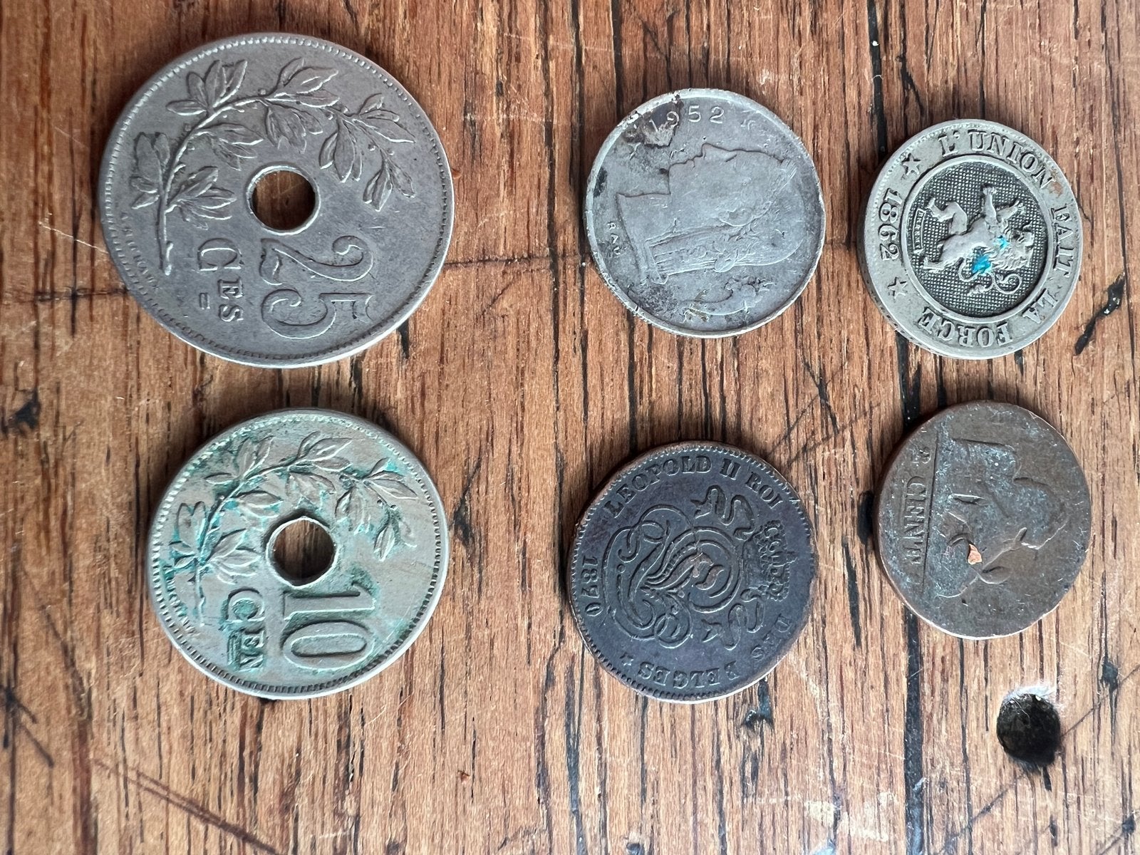 6 Belgische munten: 10c 1862, 1ft 1952, 2c, 2c 1870, 10c 190, Ophalen of Verzenden, Metaal, Setje