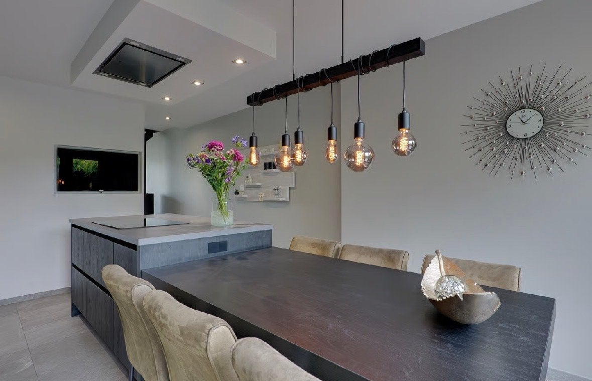 Industriële hanglamp met 6 Edison lampen, Huis en Inrichting, Lampen | Hanglampen, Ophalen, Zo goed als nieuw, Hout, E27 (groot)