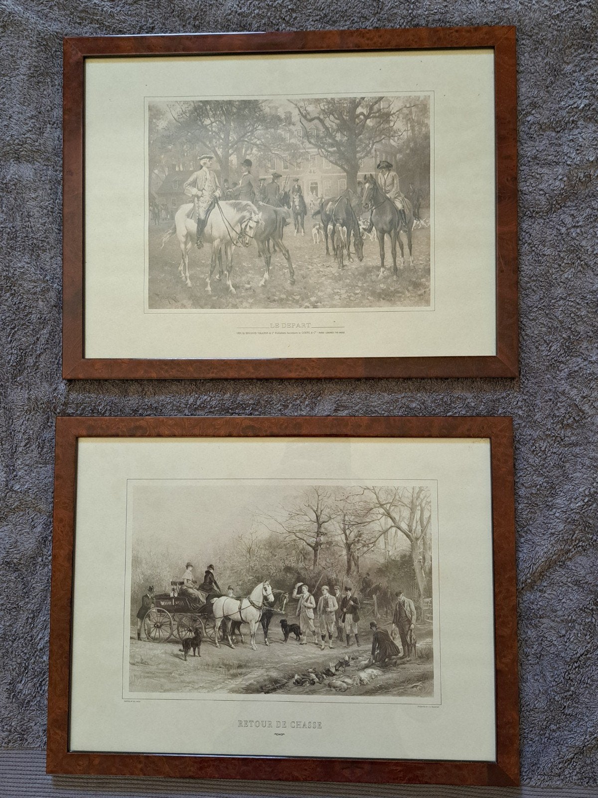 2 ingelijste jachttaferelen Le Depart & Retour de Chasse, Ophalen of Verzenden