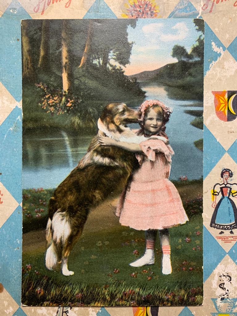 Meisje met hond - Schotse langharige collie (SL), Ophalen of Verzenden, Voor 1920, Ongelopen, Kinderen