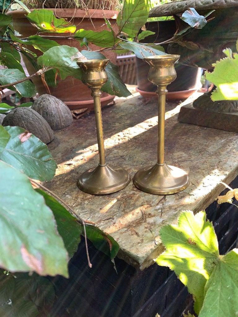 Twee vintage koper/messing kandelaars, Ophalen of Verzenden