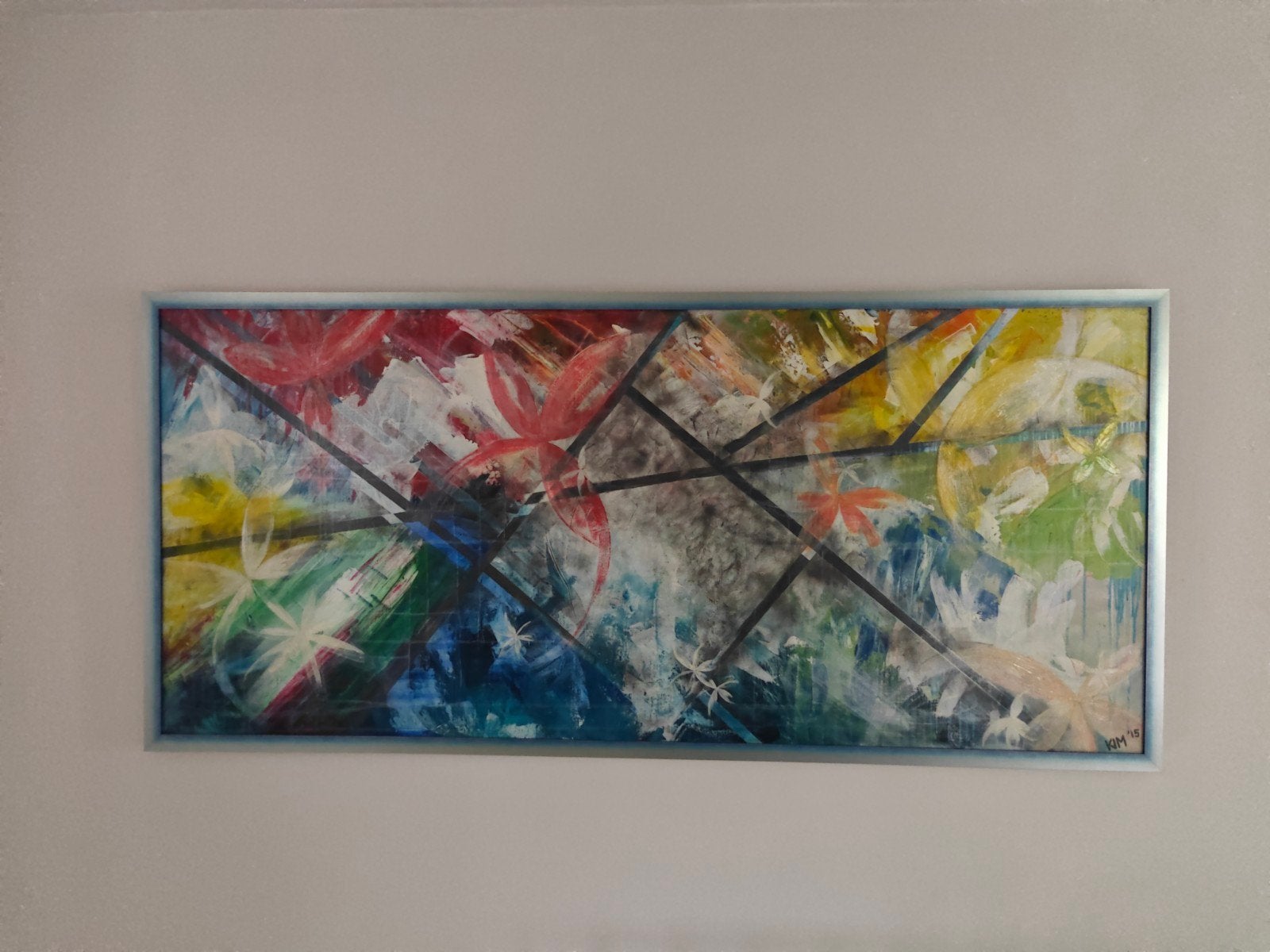 Abstract schilderij met bloemmotieven en felle kleuren, Ophalen, Abstract, Acrylverf, Ingelijst